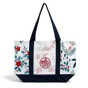 Hand Painted Trader Joe’s Christmas Canvas Tote Bag – Poinsettia & Holly Design